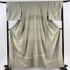 付下げ 身丈162.5cm 裄丈68cm L 袷 落款 鳥 シルエット 金糸 金銀彩 灰緑 正絹 秀品 一つ紋 【中古】