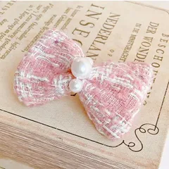 犬 リボン ルルド―ル　ツイードピンクバレッタ アクセサリー りぼん ワンタッチ　ピンク