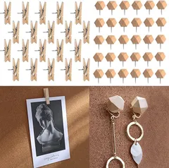 WSXX 20個の木製クリップ 30個の 画鋲、収納ケース付き 画びょうピン 固定用(ウッドカラー)