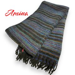 Amina マフラー フリース ストライプ 大判ストール　ブルー