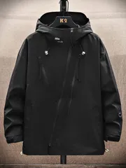 ウィンドブレーカー メンズ スタイリッシュフード付き ウィンドブレーカージャケット 非対称ジッパー ポリエステル裏地 カジュアル スポーティデザイン 春秋冬用 カジュアルスポーツジャケット スタイリッシュフード付きジャケット 機能的なポケット ブラック