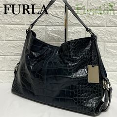 ★美品★FURLA フルラ ワンショルダーバッグ 肩掛け クロコ型押し ネイビー ショルダーバッグ