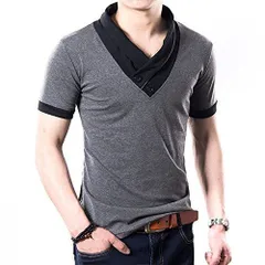 グレー_4XL (メイク トゥ ビー) Make 2 Be スリム Vネック 半袖 Tシャツ スカーフ風 カジュアル シャツ MF01 (15.半袖 灰 XXXXL)