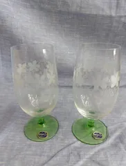 ボヘミアグラス　グリーン　花柄　ペアセット　★A008
