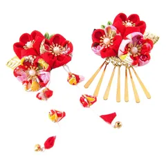 【新品】 髪飾り 2点セット 和装 髪飾り 成人式 振袖 卒業式 七五三 女の子 フラワー 鈴付き つまみ細工 ヘアアクセサリー 髪留め 花 収納ポーチ付き 2色 (アカ)