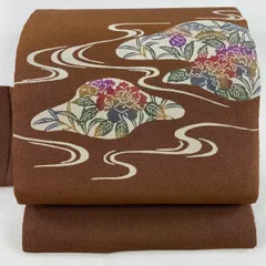 名古屋帯 秀品 草花 流水 縮緬 ぼかし 焦茶色 正絹 【中古】
