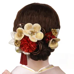 飾り 髪 着物 髪留め 着物 水引細工 結婚式 和装 高級造花 七五三 振袖 ヘアアクセサリー 浴衣 花 3カラー 卒業式 (赤 袴 2点セット × 成人式 髪飾り 白金) [OTAKUMARKET]