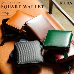 MURA ラウンドファスナーコードバン調/カーボン レザー スクエア 二つ折り財布 (wallet-8446)