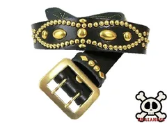 栃木レザー　ピーナッツ型スタッズベルト　ブラス　黒　真鍮製八角バックル　４０ｍｍ幅　一枚革