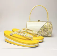 草履バッグセット 振袖用 エナメル×レース 白×黄 Mサイズ 三枚芯 u21-5