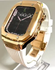 Apple Watchラバーバンドカバーメタルケースアップルウォッチカスタム　ローズホワイト　ステンレス　メンズ　レディース　スポーツバンド