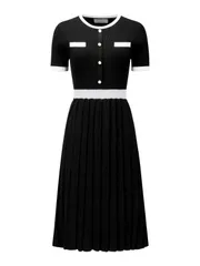 Hobemty プリーツドレス 無地 ミディ 半袖 ニット ビジネス コントラストカラー レディース ブラック L