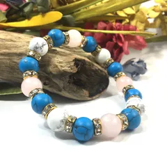 ローズクォーツ×ハウライト×ターコイズ パワーストーンブレス 10mm（ゴールド）メンズ・レディース 男性・女性 数珠ブレス 開運   [c] 