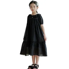 [美瑛屋] 襟付き ワンピース キッズ 女の子 フォーマル 発表会 冠婚葬祭 法事 卒業式 お呼ばれ 撮影記念 半袖 可愛い たっぷりフレア フリル 前開き 無地 ブラック