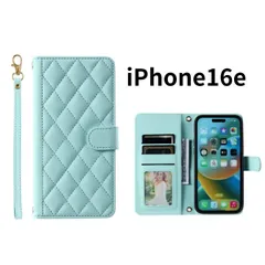 iPhone16e キルティング 手帳型 ケース ミントブルー ストラップ