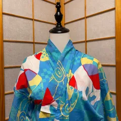 浴衣　身丈159cm　綿　ブルー　猫柄　レディース　モダン　洗える浴衣