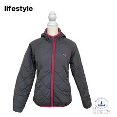 ☆美品☆ PUMA プーマ ジャケット アウター ジャンパー ブルゾン 長袖 ブランドロゴ入り キルティング フード ジッパー 大きいサイズ レディース ブラック ピンク L i-19 送料無料 古着