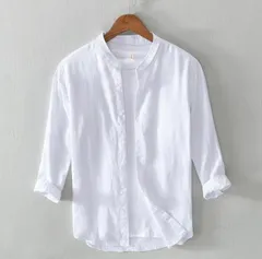 超美品 リネンシャツ メンズ 麻100% 無地 立ち襟 七分袖シャツ 半袖シャツ ワイシャツ サマーシャツ カジュアル 清涼感 夏服 白 L~3XL