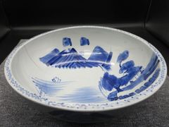 ☆陶器 古陶 古美術 時代物 伊万里 染付 山水図 盛鉢 大鉢 鉢 濃色