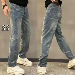 [33 ]メンズ ファッション 服 男性用 オシャレ シンプル 大人 かっこいい 大きいサイズ ストリート 紳士服 夏 プリント ウォッシュ ブルー ワイド レッグ ストレート ジーンズ ライト 高級 ロング パンツ