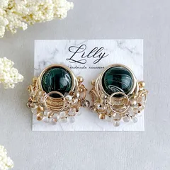 #893 ビーズ刺繍ピアス/グリーン/ゴールド/天然石/ハンドメイドアクセサリー