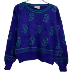 Personal ニット セーター アクリル混 L ブルー グリーン プルオーバー 総柄 秋冬 古着卸 アメリカ仕入 a701-7063
