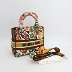 クリスチャンディオール Christian Dior Lady D-Lite Medium レディ D ライト ミディアム ハンドバッグ エンブロイダリー キャンバス アイボリー ブラウン マルチカラー 2WAY 美品