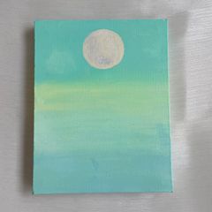優しい空✴︎絵画　アクリル画　月　空　霧　癒し　風景　綺麗　可愛い　グリーン　緑　淡い　儚い　満月　インテリア　幻想