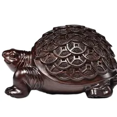 【新品】 [Thai Sawadee]金銭亀 檀木彫 招財 玄関 客間の置物 運気アップ 縁起物 金運 開運