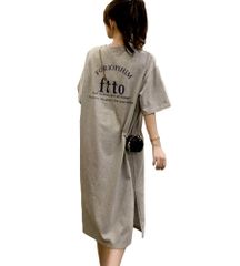 [Muzly] Tシャツワンピース レディース 夏 ワンピース ロングTシャツ 半袖 クルーネック 英字プリント ゆったり 体型カバー