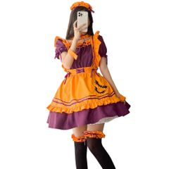 [RPFLQ] ハロウィン メイド服 オレンジ コウモリ コスプレ ハロウィン 仮装 レディース エプロン カチューシャ 衣装 可愛い 大人用 ワンピース 7点セット ニーハイソックス付き