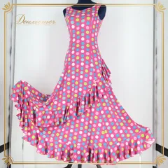 フラメンコドレス　白・紫・ピンク　ドット柄 ハンドメイドワンピース フラメンコドレス 白・紫・ピンク ドット柄 ハンドメイド