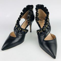 美品★VALENTINO GARAVANI・ヴァレンティノ ガラヴァーニ レディース レザー ロックスタッズ フリルストラップ パンプス（35）