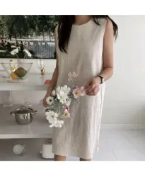 ノースリーブ リネン ワンピース ー ベージュ フリー