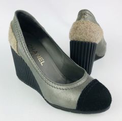 美品★CHANEL・シャネル レディース レザー切替し メタルココマーク ウェッジソール パンプス（37 1/2）