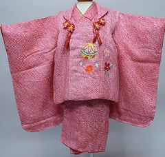 七五三 三歳 女児 正絹 被布着物セット 総絞り 赤 三才 3才 3歳 女の子