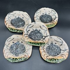 ５枚セット　織部焼　蟹絵皿　カニ　織部焼蟹文丸皿　丸皿