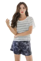 [アウニイ] 水着 レディース 体型カバー タンキニセット 可愛い水着 ママ水着 人気 タンキニ トップス Tシャツ ショートパンツ 4点セット バンドゥー 通販 フレア レース 小胸 セクシー プチプラ 大人 女 [ネイビー フラワー / 1966] [L]