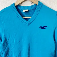 (^w^)b HOLLISTER ホリスター Vネック ニットセーター トップス コットン 綿 ワンポイント 刺繍 無地 シンプル 薄手 春秋 カジュアル デイリー タウンユース ライトブルー レディース サイズS