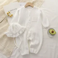 ☆ ホワイト ☆ 73cm ☆ ベビー服ロンパース nabrp1990 ベビー服 ロンパース 帽子付き カバーオール オールインワン 前開き ダブルガーゼ 子ども服 子供服 薄手 薄い コットン 長袖 ベビー 赤ちゃん 女の子 男の子 子供 子ども こども