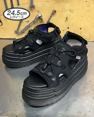 ♡新品未使用♡ 24.5cm ヨースケ YOSUKE 厚底サンダル レディース ブラック ストレッチ素材 スニーカーサンダル レースアップサンダル ウエッジソール 約10cm 厚底フラットソール MY589-271