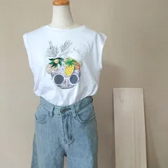 ワッペンバッジ付き ノースリーブ フレンチスリーブ Tシャツ フルーツ柄