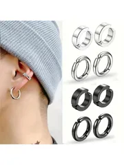 ジュエリー メンズ イヤーアクセサリー ノンピアス メンズイヤリング 4組セット ステンレススチール フープ ブラック シルバー 色
