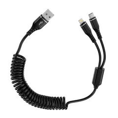 【人気商品】iPhone用車ケーブル アイフォン16/15充電ケーブル ライトニング マルチAndriod 1本2股カール タイプCコード iPhone lightningケーブル+type-cケーブル0.4mから1.2Mまで自由伸縮 16/15/14/13/