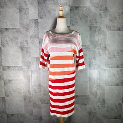美品<!-利用不可文字-!> ラコステ LACOSTE ニットワンピース 【40】  レッド 赤 暖色 ボーダー 七分袖 七分袖 クルーネック カジュアル シンプル スポーティー