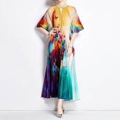 ワンピース プリント柄  バタフライプリント ウエスト紐 ウエスト プリーツワンピース ミモレ丈 七分袖 華やか きれいめ ビジューフォーマルワンピース 結婚式 お呼ばれ 0823