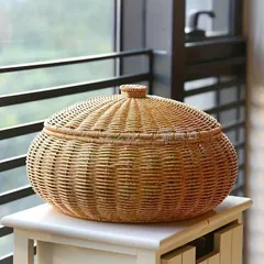 【新品・未使用】 蓋付きアンティークプラスチック織り収納バスケット、多機能プラスチック織りオーガナイザー、防塵棚バスケット、果物、スナック、ジュエリ