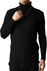 BENQUE(ベンケ) チクチクしない ニット セーター メンズ タートルネック タートルニット カジュアル 長袖 ロング 秋 冬 メンズ冬服おしゃれ メンズセーター(ブラック,  S)