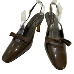 【美品】銀座かねまつ (23.5) パンプス ストラップ エナメル サンダル ヒール リボン 希少デザイン