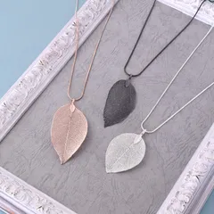 天然素材 加工 リーフペンダントトップ ロングネックレス 葉っぱ レディスアクセサリー シルバー ブラック ピンクゴールド